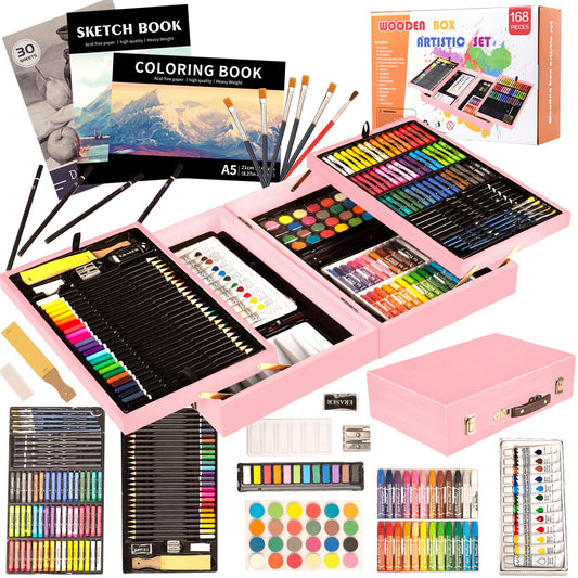 KINSPORY 168 Pack Wooden Art Set, Deluxe Painting Drawing Kit with 3 Coloring Books, Oil Pastels, Watercolor Paints, Art Crafts Supplies, Creative Gift for Beginners, Kids, Boys, Girls & Artists