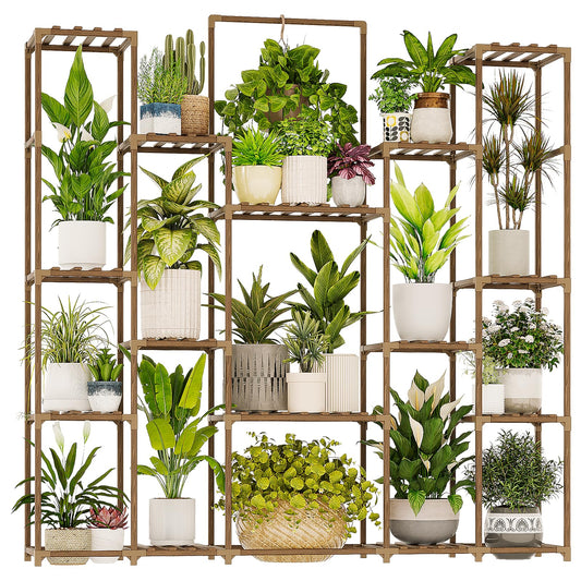 Bamworld Plant Shelf Indoor Hanging Plant Stand Outdoor Large Plant Shelves Tall Flower Holder wooden plant stand for Multiple Plants Plant Rack for Living Room Balcony Decor Garden Clearance Deals 17 Pots Plant Table