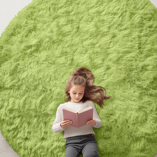 OLANLY Round Grass Green Area Rug - Soft, Fluffy, Machine Washable 8 ft Circle Carpet for Bedroom & Living Room