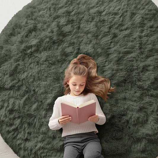 OLANLY Olive Green Round Rug - Soft, Fluffy Shag Area Rug, 6 ft Circle for Bedroom & Living Room Decor