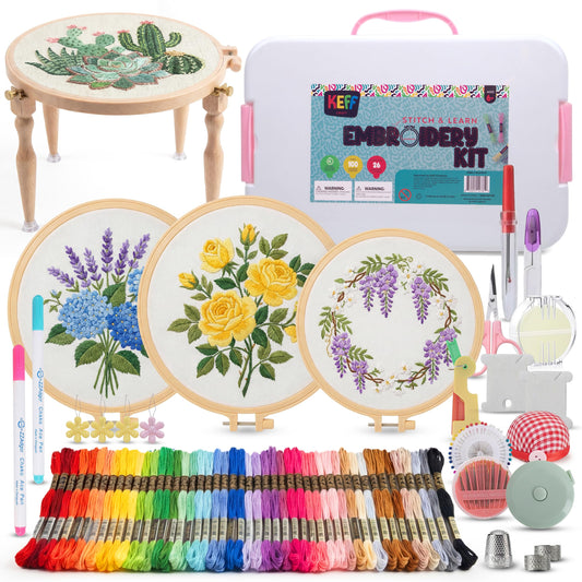 KEFF Craft Embroidery Kit for Beginners - 100 Embroidery Thread Colors, 4 Hoops, Scissors, Needles, Pins, Blank Fabrics & Tools – Cross Stitch Supplies, Cross Stitch Kits, Arts and Crafts for Adults