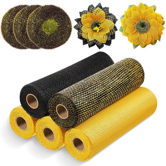 Yuxung 10 Pcs Poly Burlap Mesh 10 Inch and Disc Florets of Sunflower Center Set Wreath, Includes 5 Roll Black Yellow Mesh and 5 Pcs Foam Sunflower Head for DIY Bee Wreath Decoration Party Supplies