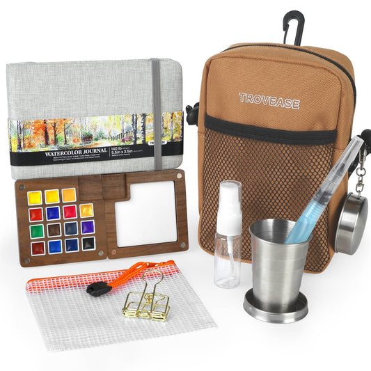 Mini Watercolor Paint Set, 15 Colors Travel Watercolor Set with Walnut Palette, Crossbody Bag, Sketchbook, Collapsible Cup Portable Pocket Watercolor Kit for Artists Beginners Outdoor Painting