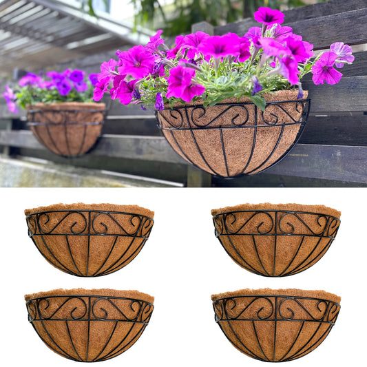 LaLaGreen Wall Hanging Planters, 4 Pack, 12 Inch Balcony Flower Baskets with Coco Liner Outside, Outdoor Vertical Garden, Fence Pots Holder Half Round Semi Circle Rail Railing Deck Porch Balcony Patio
