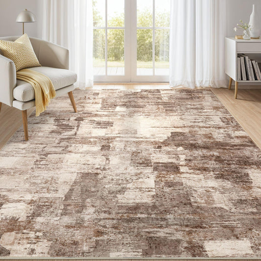 kakania 5x7 Washable Area Rug - Abstract Soft Non-Slip Modern Low-Pile Carpet for Living Room Bedroom Office Dorm, Kid Pet Safe Robot Vacuum Friendly - Brown