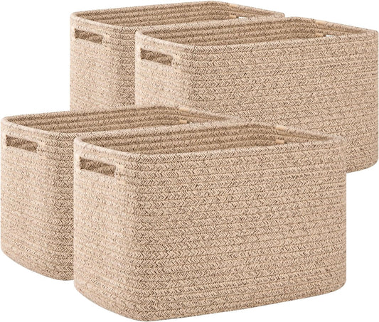 OIAHOMY Storage Baskets - 4 Pack Woven Cube Organizers with Handles | 12.7''L x 9''W x 7.8''H, Brown