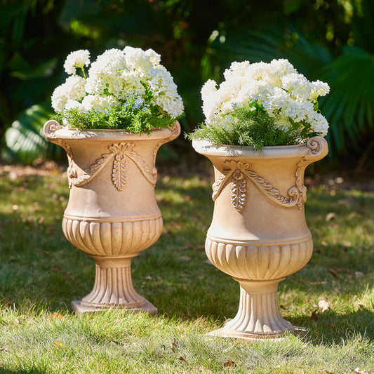 Christopher Knight Home Gary MGO Round Planters Set of 2, Outdoor Flower Pots with Floral Relief Carvings, Classical Garden Urn with Drainage Hole, Patio Urn Planters for Garden, Terracotta
