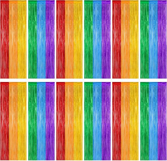 Rainbow Backdrop by [Brand Name] - 12 Pack Metallic Fringe Curtains | 3.28 FT x 7.05 FT Pride Party Decor