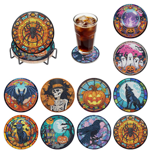 BOCACUE Halloween Diamond Art Coasters Kit for Adults, 10 PCS Diamond Painting Coasters with Holder, Cute Gem Painting Coasters for Desk, DIY Diamond Art Crafts, Halloween Decor Gifts for Men & Women