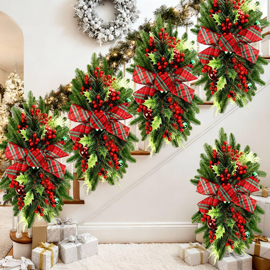 Lyrow 4 Pcs Christmas Artificial Swags 24" Xmas Stairway Swag Teardrop Trim Red Green Grid Christmas Staircase Decoration Garland for Indoor Outdoor Railing Decor(Red Green)