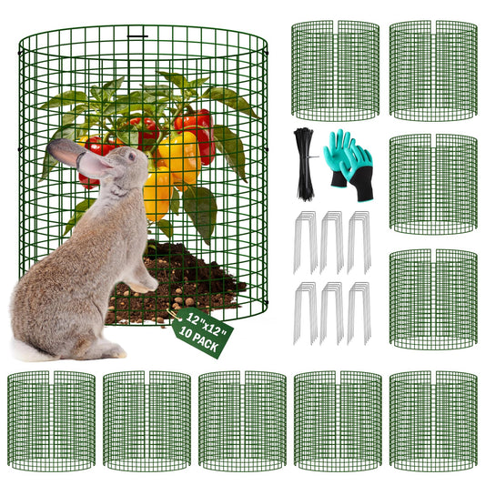 Uyittour 10 Pack Plant Protectors from Animals, 12" x 12" Round Metal Wire Garden Plant Cages to Keep Animals Out, Rabbit Proof Protection for Vegetables & Flowers with Stakes, Zip Ties & Gloves