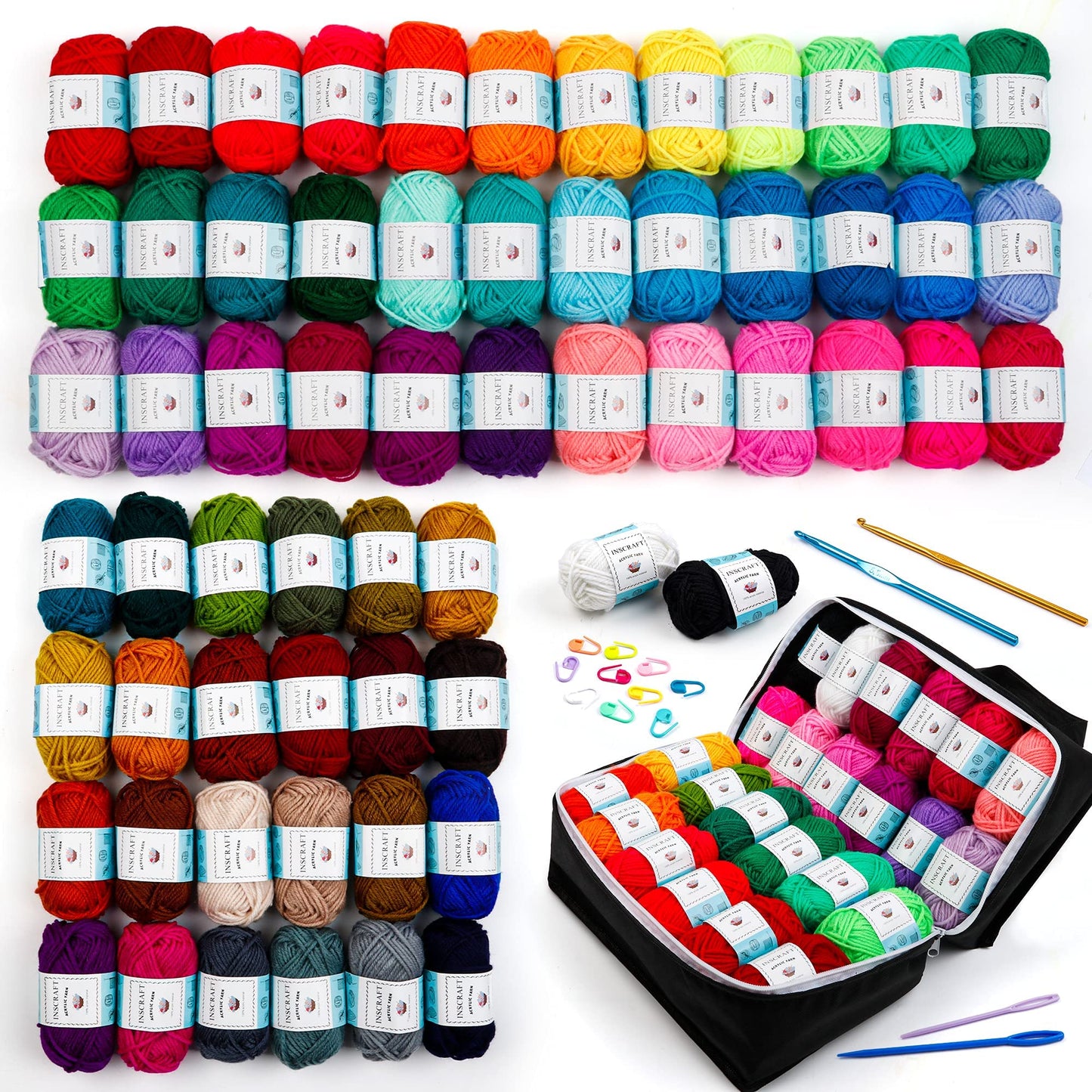 Inscraft 62 Acrylic Yarn Skeins, 2170 Yards Yarn for Knitting and Crochet, Includes 2 Crochet Hooks,2 Weaving Needles,10 Stitch Markers, Perfect Beginner Kit for for Adults Kids