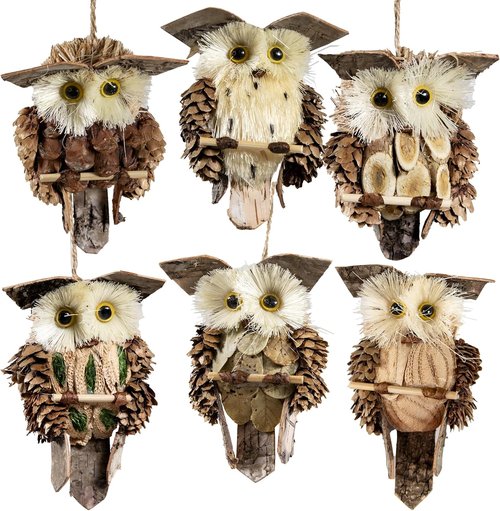 Cartanfill Woodland Animal Owl Ornaments - Set of 6 Assorted Wood & Sisal for Christmas & Thanksgiving