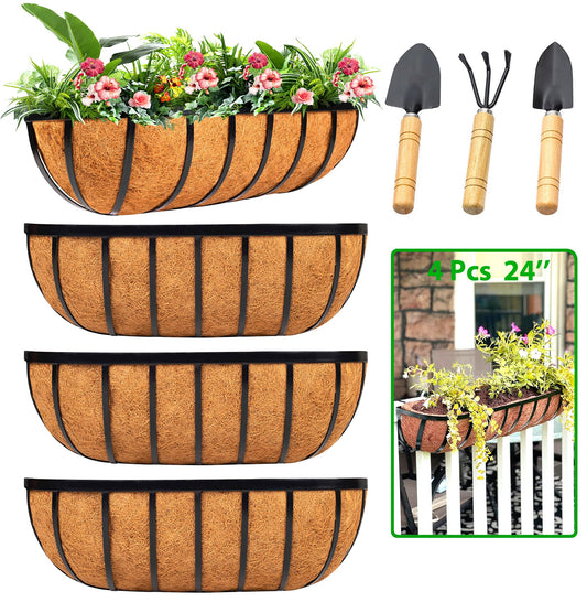 LCHUANG Railing Planter Window Box - 4 Pack 24 Inch Deck Balcony Rail Planter with Coconut Coir Liner, Fence Metal Hanging Flower Basket Deck Railing Planter Boxes for Outdoor Garden