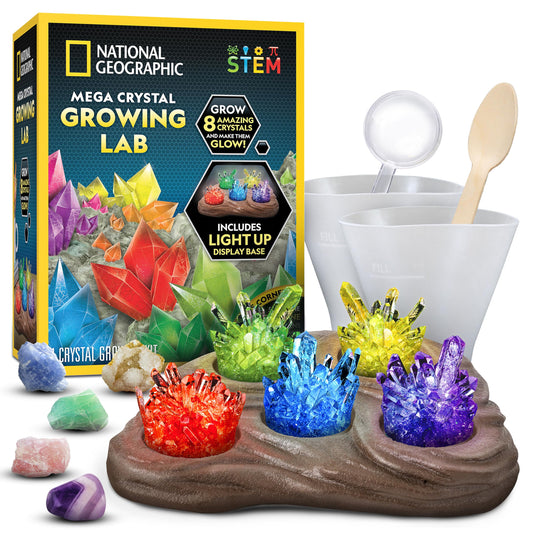 NATIONAL GEOGRAPHIC Mega Crystal Growing Kit for Kids- Grow 8 Crystals with Light-Up Stand, Science Gifts for Kids 8-12, Crystal Making Experiment, Science Kit for Girls and Boys