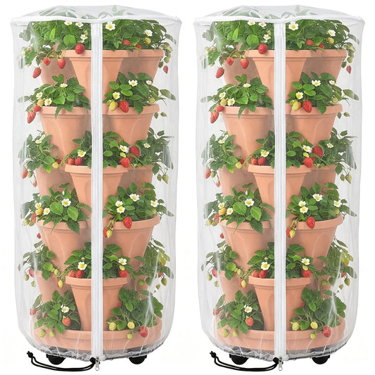 2 Pcs Vertical Plant Pot Insect Netting with Zipper, 39"x20" Stackable Planter Garden Net Cover, 3 to 5 Tier Planter Pot Insect Bird Barrier Protection Mesh for Strawberry Herb Flower Fruit Vegetable