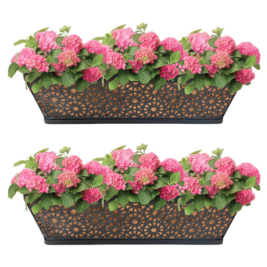 ZVOWOS Black Metal Railing Planter Window Box (2 Pack, 24 Inch) Horse Trough Planter with Coco Fiber Liner Deck Balcony Rail Planters for Porch Fence Patio Outdoor Garden Décor
