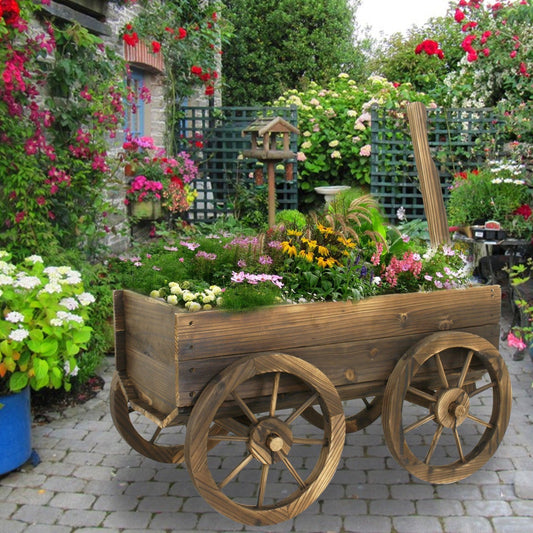 Rungfa Garden Wood Wagon Flower Planter Pot Stand with Wheels Home Outdoor Decor