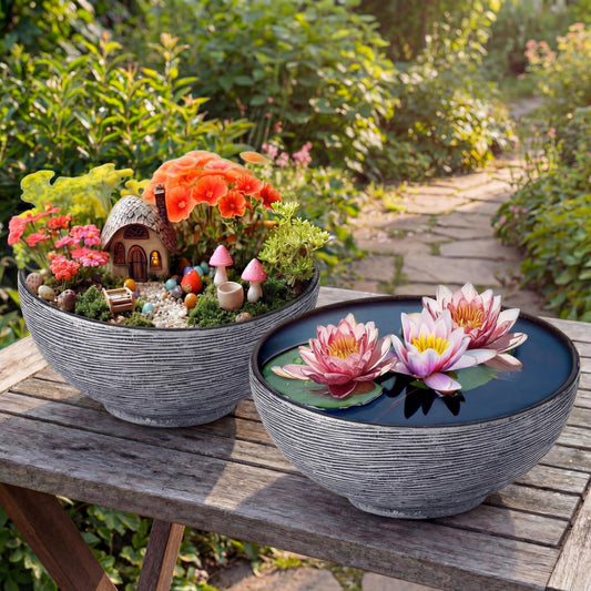 RimCereal 2 Pack Large Water Lily Planter Bowl, 16 Inch Lotus Flower Bowl Fit Hydroponic Succulent Planter Water Plant Container for Indoor Outdoor Garden Balcony Patio Fish Pond Bird Bath (Gray)