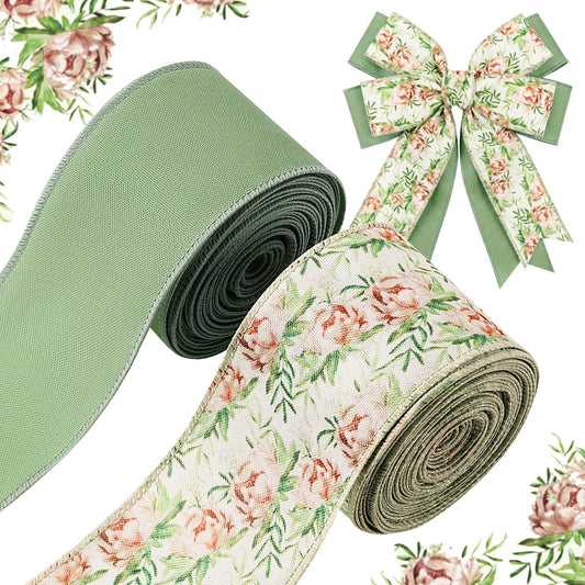2 Roll 20 Yards Sage Green Floral Wired Edge Ribbon Watercolor Greenery Floral Fabric Ribbon for Spring Summer Wreath Bow Making DIY Crafts Wrapping Party.