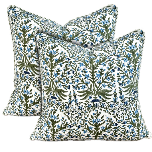 ATOSII Block Print Throw Pillow Cushion Covers, 24" X 24" - Set of 2, Decorative Couch Pillows for Living Room Bed Sofa, 100% Cotton Canvas Pillow Case for Home Decor & Outdoors - Nargis Blue