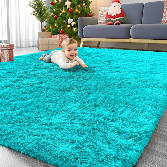 OLANLY 8x10 Large Area Rug - Soft Fluffy Shaggy Indoor Carpet for Living Room & Bedroom | Teal Blue