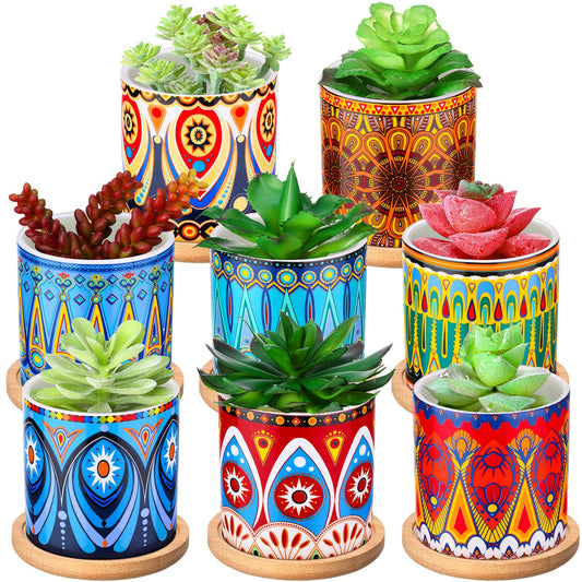 Zopeal 8 Pcs 3 Inch Succulent Planter Pot Ceramic Cactus Pots with Drainage Holes and Bamboo Trays for Indoor Plants Flowers for Home Garden Mexican Party Decor