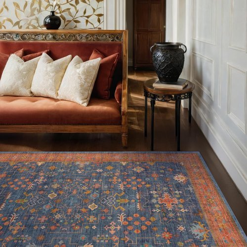 Hazo Haus Dark Blue & Terracotta Area Rug - Machine Washable 5x8 Non-Slip Low Pile for Living Room, Bedroom & Kitchen