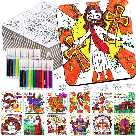 24Pcs Christian Easter Crafts for Kids bulk, Religious Easter Puzzle Activities for Basket Stuffers, Bible Jesus He Lives DIY Arts Jigsaw Kits for Classroom gifts, Spring Party Favors, Coloring Games