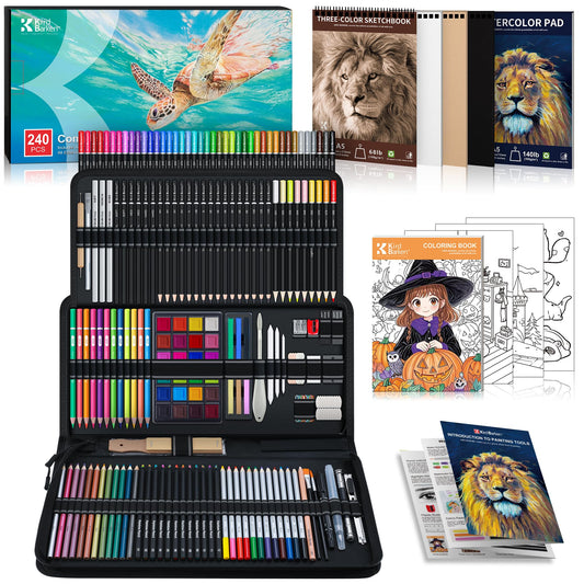Kird Barken 240PCS Artists Art Supplies - Drawing Kit with 3 Sketchbook, Coloring book - Graphite,Colored, Charcoal, Watercolor,Metallic,Fluorescent & Rainbow Pencils - for Artists and Beginners