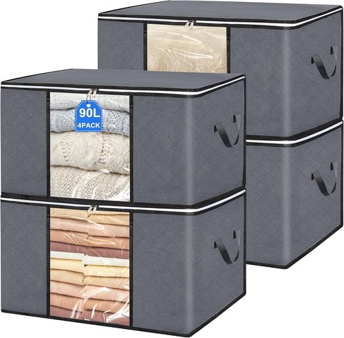 BiCINE 90L Large Clothes Storage Bags - Foldable Blanket Bins with Clear Window for Bedding & Pillows