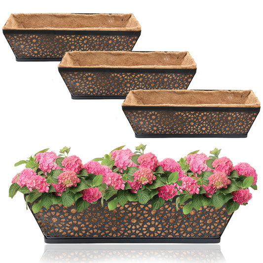 ZVOWOS Black Metal Railing Planter Window Box (4 Pack, 30 Inch) Horse Trough Planter with Coco Fiber Liner Deck Balcony Rail Planter for Porch Fence Patio Outdoor Garden Décor