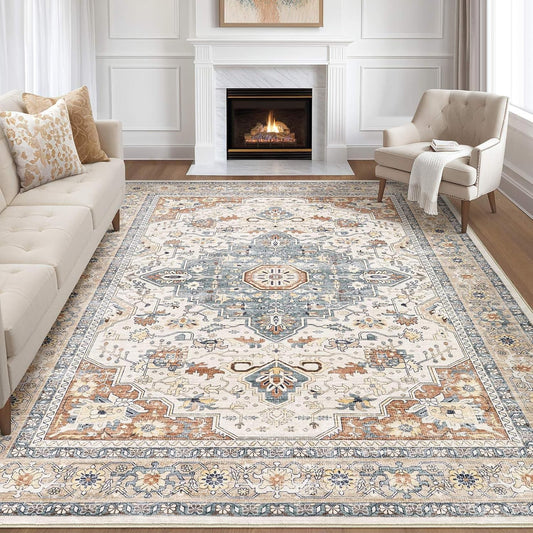Skiennix 9x12 Area Rug - Washable Boho Vintage Soft Carpet | Stain Resistant, Non-Slip, Beige & Blue