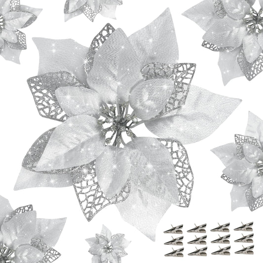 12 PCS Poinsettia Flower Artificial Poinsettia Christmas Decoration 8.7'' Silver Glitter Poinsettias Christmas Ornaments Christmas Tree Flower Decor with Clips DIY Xmas Wreath Holiday Home Party Decor