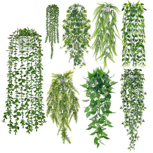 Der Rose 8Pcs Fake Plants Hanging Artificial Ivy Vine Faux Eucalyptus Hanging Plants for Home Boho Wall Shelf Indoor Outdoor Decor (White Pots)