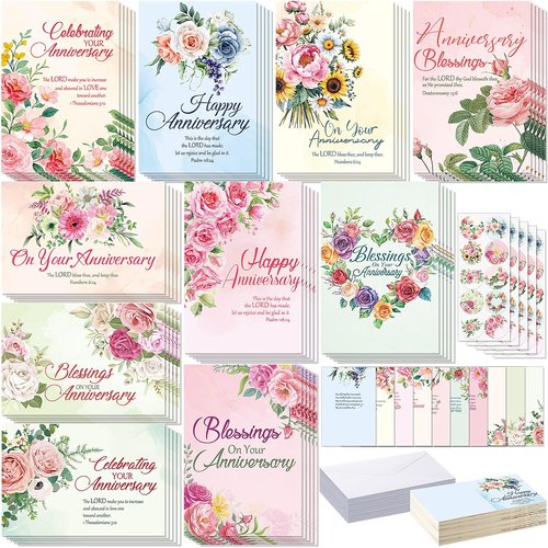 Motiskyy 50 Pack Christian Anniversary Cards with Envelopes and Stickers Religious Anniversary Faith Based Blessings Greeting Cards Bulk for Couples Churches Wife Wedding Celebrating Moments