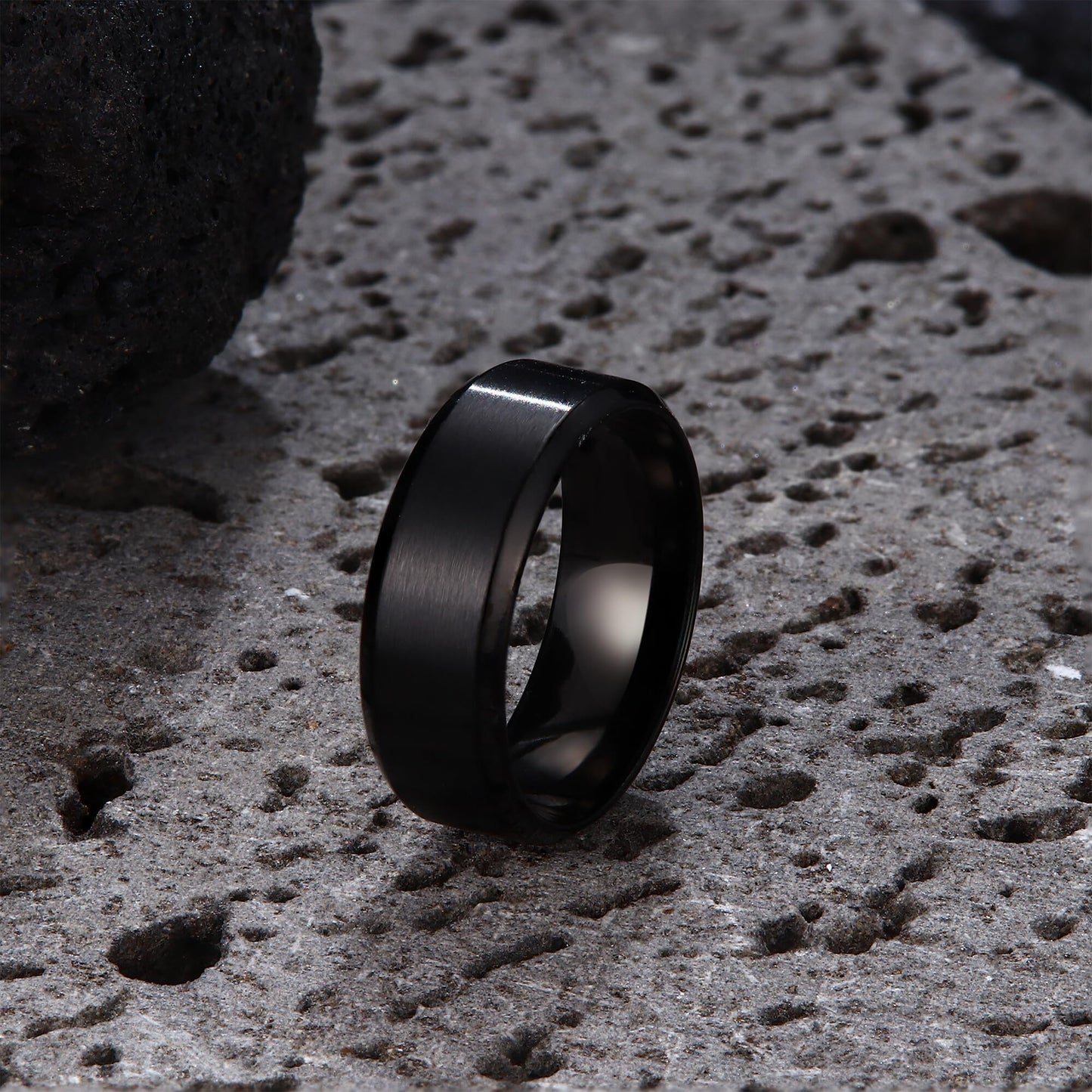 Jstyle Stainless Steel Rings for Men Women 8MM Wedding Band Rings Matte Surface - Beveled Polished Edge Mens Ring Size 7.5 Black Ring for Men