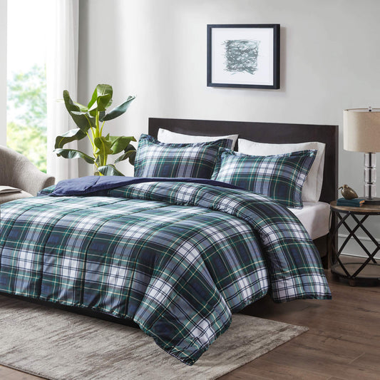 Madison Park Essentials Parkston Plaid Comforter Set Soft Brushed Microfiber College Bedding, 3M Scotchguard Stain Release Cover, Modern All Season Cabin Bedding, Full/Queen, Navy, 3 Piece