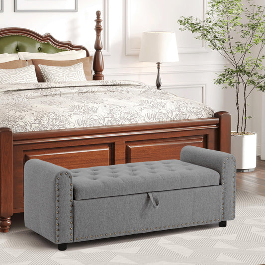 Ottoman with Storage, Tufted Storage Bench for Bedroom, 48" Fabrics End of Bed Bench, Upholstered Entryway Shoe Benches with Rolled Arm & Inner Zipper, Window Ottomans Chest with Rivets, Drak Grey