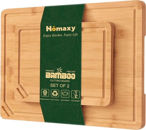 Homaxy Organic Bamboo Cutting Boards Set - 2 Wooden Boards with Juice Groove & Handles | Ideal for Meat, Fruits & Vegetables
