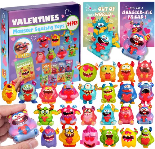 24 Pcs Monster Squishy Toys with Cards for Kids Valentines Day Gifts, Galentines School Gift Exchange, Classroom Prizes, Bag Fillers, Party Favors