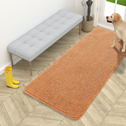OLANLY Dog Door Mat - Absorbent Non-Slip Washable Chenille Mat for Muddy Paws | 54x24, Orange