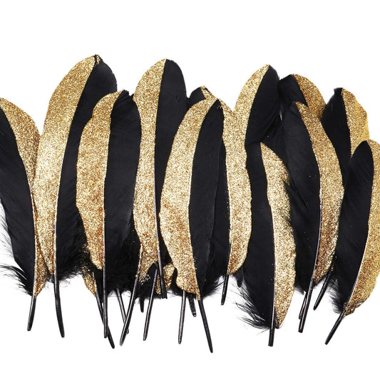 BABEYOND 42 Pcs 1920s Gatsby Gold Dipped Feather Natural Décor Glitter Feather for 20s Party Decoration Wedding Decoration (Black & Gold)