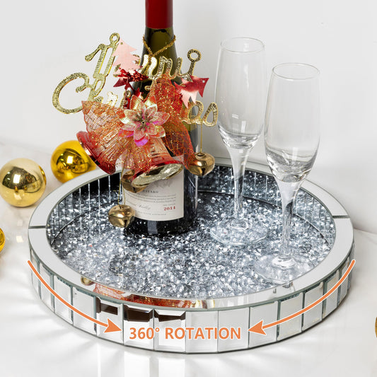 Blingworld 14" Mirrored Tray with Lazy Susan, Easy Access, Super Gorgeous Round Tray with Crushed Diamond Silver Finish - Perfume Organizer & Jewelry for Dresser