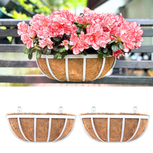 LaLaGreen Deck Railing Planters (2 Pack, 16 Inch) White Metal Rectangular Window Flower Box with Coco Liner, Wall Hanging Planter for Outdoor Plants Deck Rail Fence Balcony Patio Porch Garden Decor