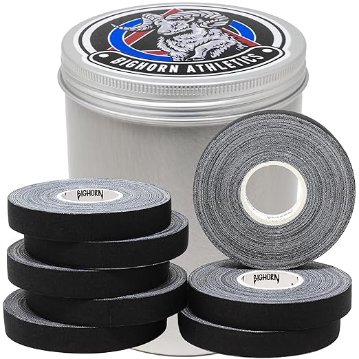 Bighorn Athletics Pro Series Jiu-Jitsu Finger Tape, 8-Rolls with Tin Holder, Enhanced Strength, Residue-Free (0.5-Inch, Black)