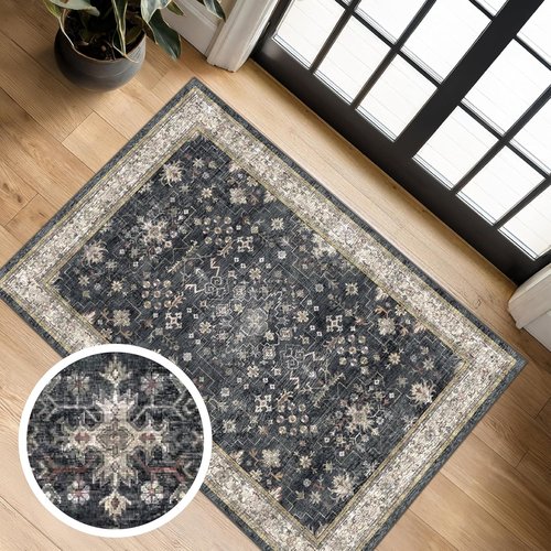 Black Washable Entry Rug by [Brand Name] - Non-Slip Rubber Backing | Stain & Fade Resistant, 2x3 Size