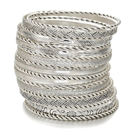 AYWFCBF Silver Bangles Bracelets for Women, 19 Pcs Boho Stackable Indian Bangles Multi Layer Textured Chunky Bracelets Jewelry Set for Women
