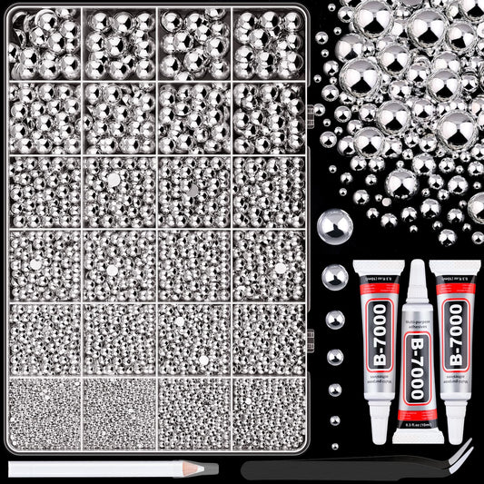 11000Pcs Flatback Pearls for Crafting(Silver), Assorted Size 2/3/4/5/6/8/10mm Half Pearl with 3Pcs 10ml B7000 Jewelry Glue, Bedazzling Bead for Crafts Clothing Tumblers Shoes Embellishment Nail Art