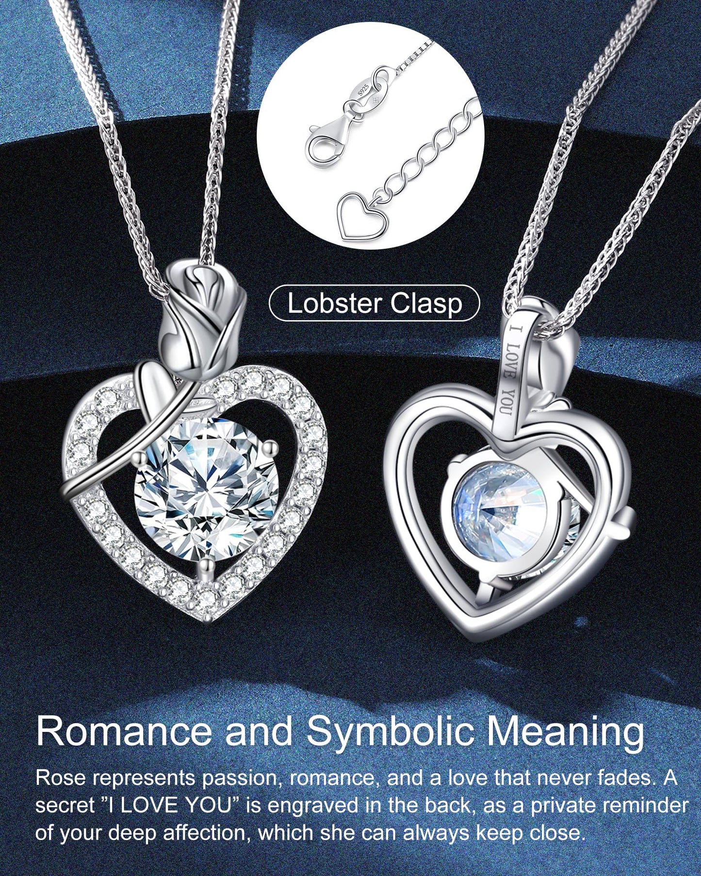 N9NEMUSES Rose Heart Pendant Necklace Gifts for Wife, 4 Carat Moissanite Necklace, 925 Sterling Silver Anniversary Birthday Gifts for Women, Jewelry Gifts for Wife Mom Daughter